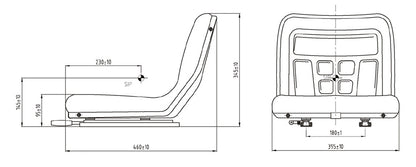 Technical drawing of a vehicle seat with dimensions labeled