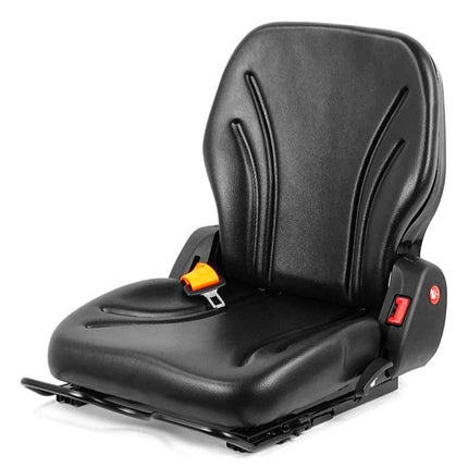 Black vehicle seat with safety harness on a white background