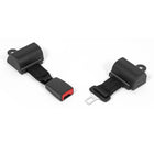 Two black seat belt clips on a white background