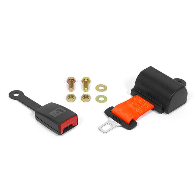Car seat belt extension kit with black and orange strap on a white background
