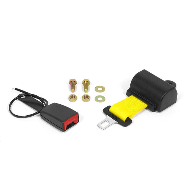 Car seat belt kit with black buckle, yellow strap, and hardware on a white background.
