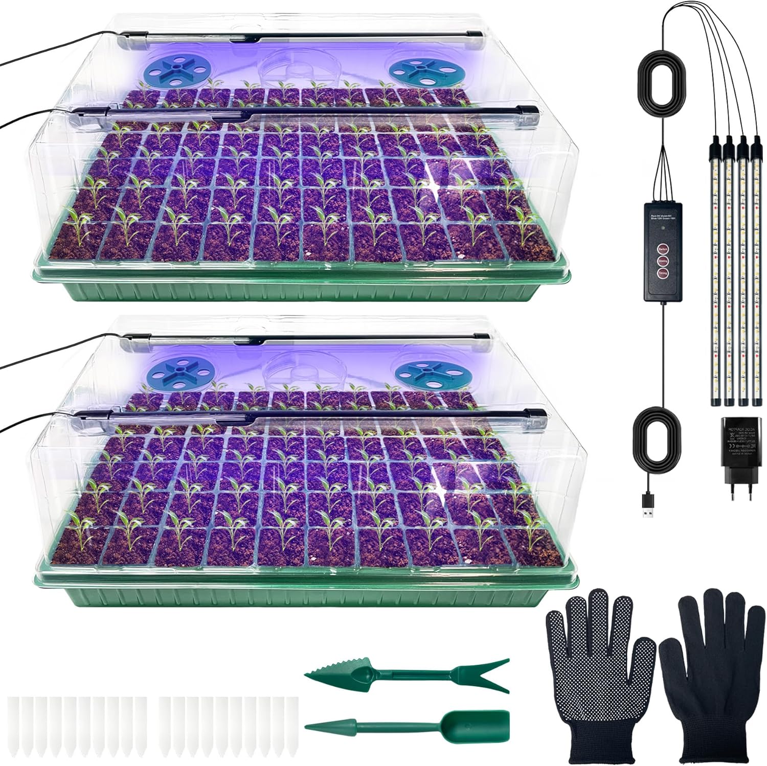 VEEKAY Indoor Greenhouse Propagation Box, 2 Pieces, 120 Hole Mini Greenhouse Propagation Set with Plant Lamp, Propagation Plate with Timing Controller, Adjustable Brightness, 20 Plant Labels for - Carlat