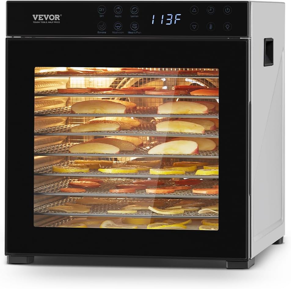 VEVOR Dörrgerät, Dörrautomat, 10 Edelstahleinschübe, elektrischer 1000 W Lebensmitteltrockner mit einstellbarer Temperatur, Trocknungsgerät für Trockenfleisch, Fleisch, Obst, Gemüse, Kräuter, Hundeleckerlis