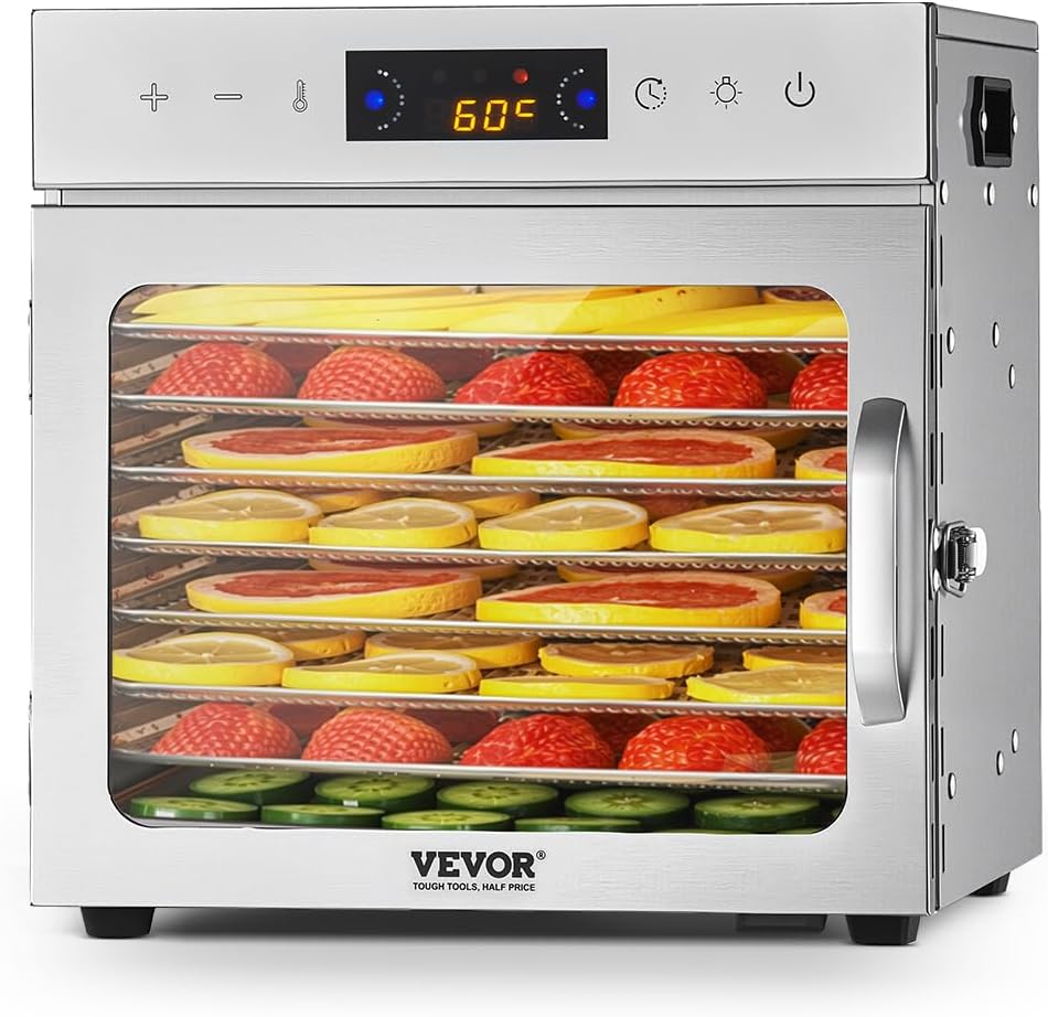 VEVOR Dörrgerät, Dörrautomat, 10 Edelstahleinschübe, elektrischer 1000 W Lebensmitteltrockner mit einstellbarer Temperatur, Trocknungsgerät für Trockenfleisch, Fleisch, Obst, Gemüse, Kräuter, Hundeleckerlis
