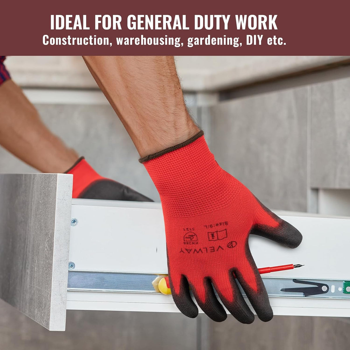 Velway PU-Coated Work Gloves – EN388 Non-Slip Mechanic Gloves, 1 Pair - Carlat
