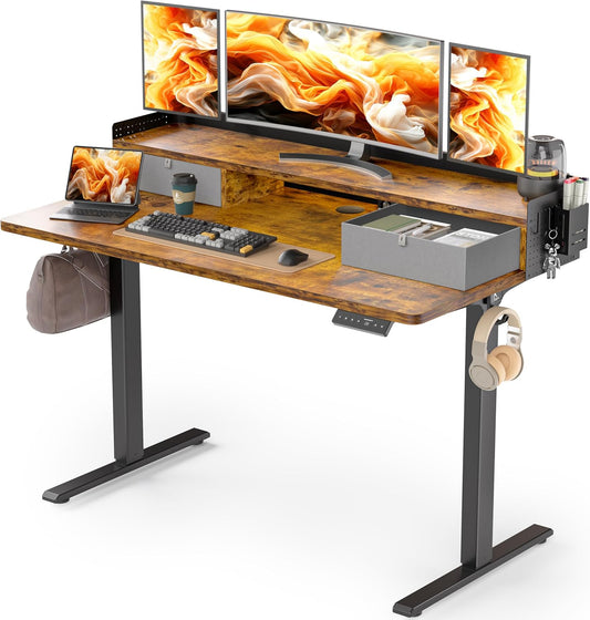 WALKINGDESK Height-Adjustable Electric Desk with 2 Drawers, 120 x 60 cm Standing Desk with Pen Holder and Headphone Holder, Table for Home Office, Office, DIY Pegboard, 4 Hooks, Oak - Carlat