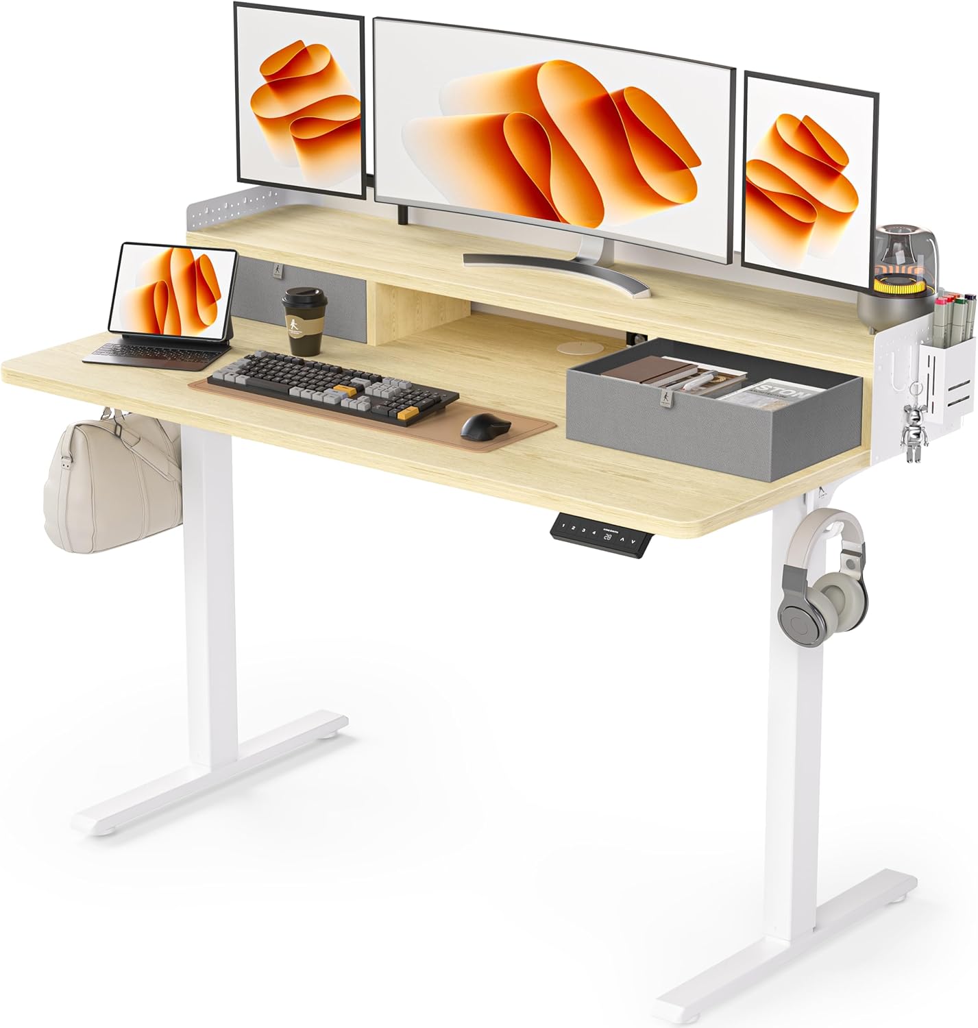 WALKINGDESK Height-Adjustable Electric Desk with 2 Drawers, 120 x 60 cm Standing Desk with Pen Holder and Headphone Holder, Table for Home Office, Office, DIY Pegboard, 4 Hooks, Oak - Carlat