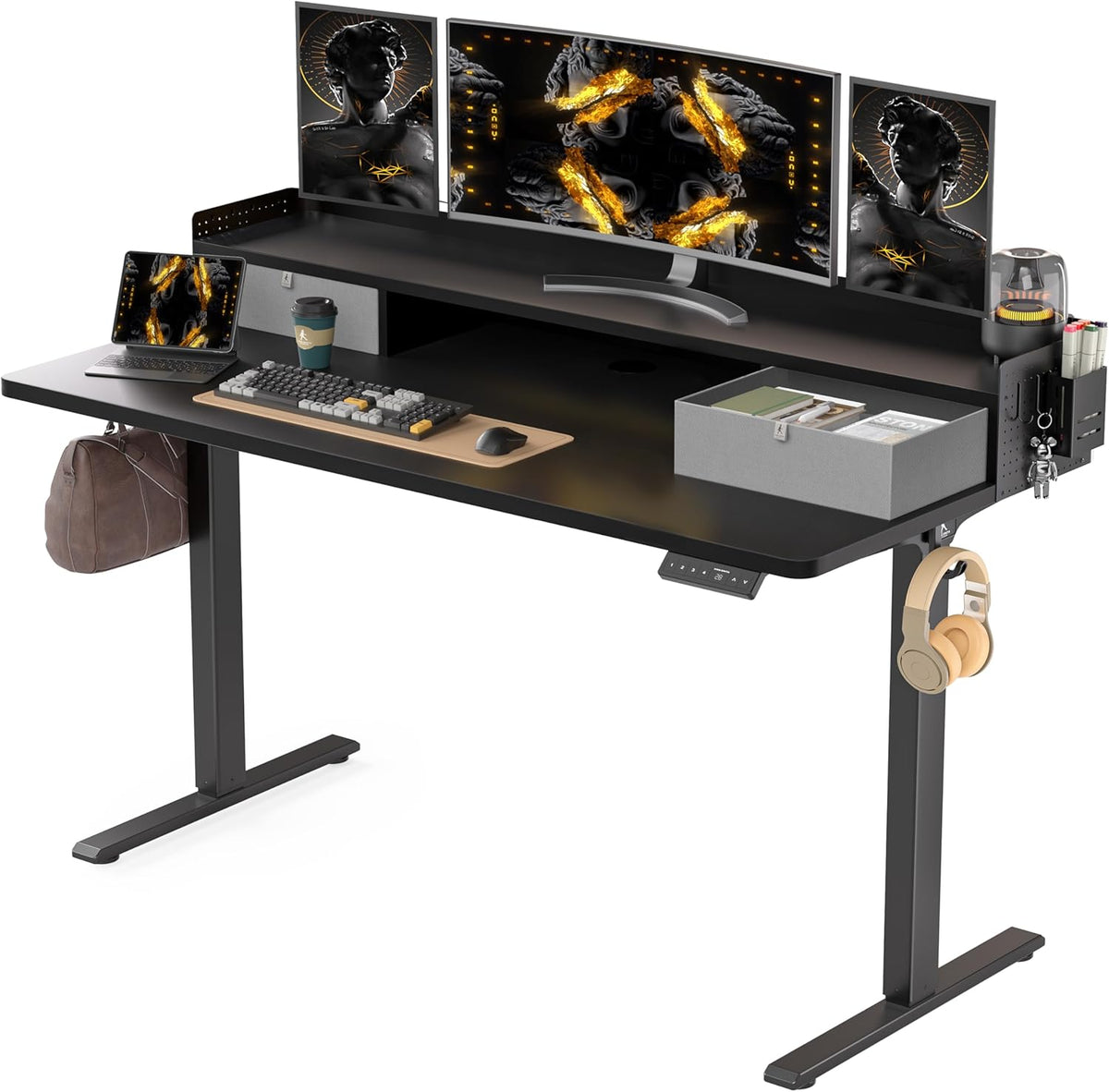 WALKINGDESK Height-Adjustable Electric Desk with 2 Drawers, 120 x 60 cm Standing Desk with Pen Holder and Headphone Holder, Table for Home Office, Office, DIY Pegboard, 4 Hooks, Oak - Carlat