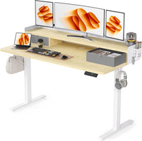 WALKINGDESK Height-Adjustable Electric Desk with 2 Drawers, 120 x 60 cm Standing Desk with Pen Holder and Headphone Holder, Table for Home Office, Office, DIY Pegboard, 4 Hooks, Oak - Carlat