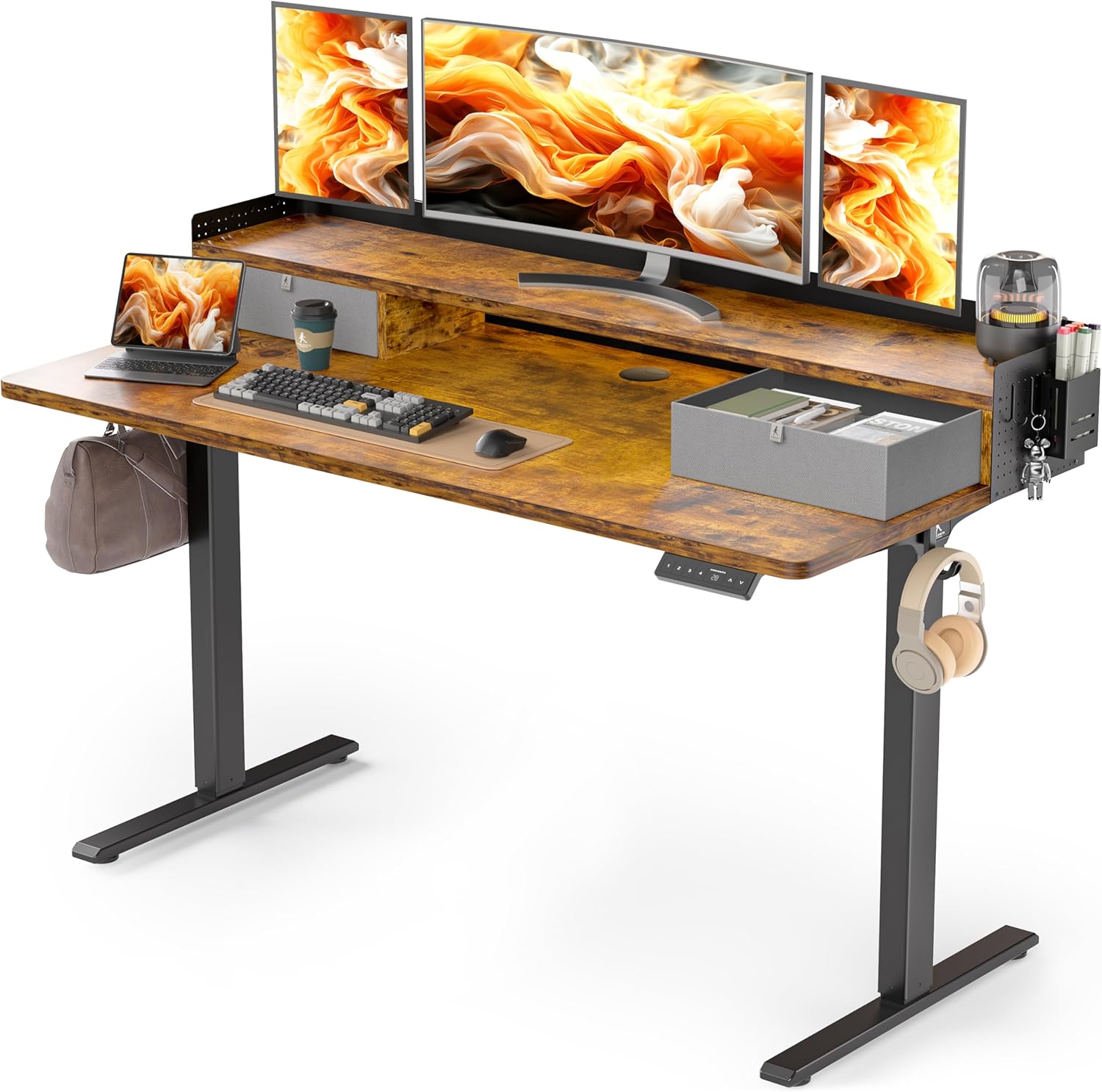 WALKINGDESK Height-Adjustable Electric Desk with 2 Drawers, 120 x 60 cm Standing Desk with Pen Holder and Headphone Holder, Table for Home Office, Office, DIY Pegboard, 4 Hooks, Oak - Carlat