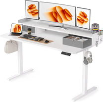 WALKINGDESK Height-Adjustable Electric Desk with 2 Drawers, 120 x 60 cm Standing Desk with Pen Holder and Headphone Holder, Table for Home Office, Office, DIY Pegboard, 4 Hooks, Oak - Carlat