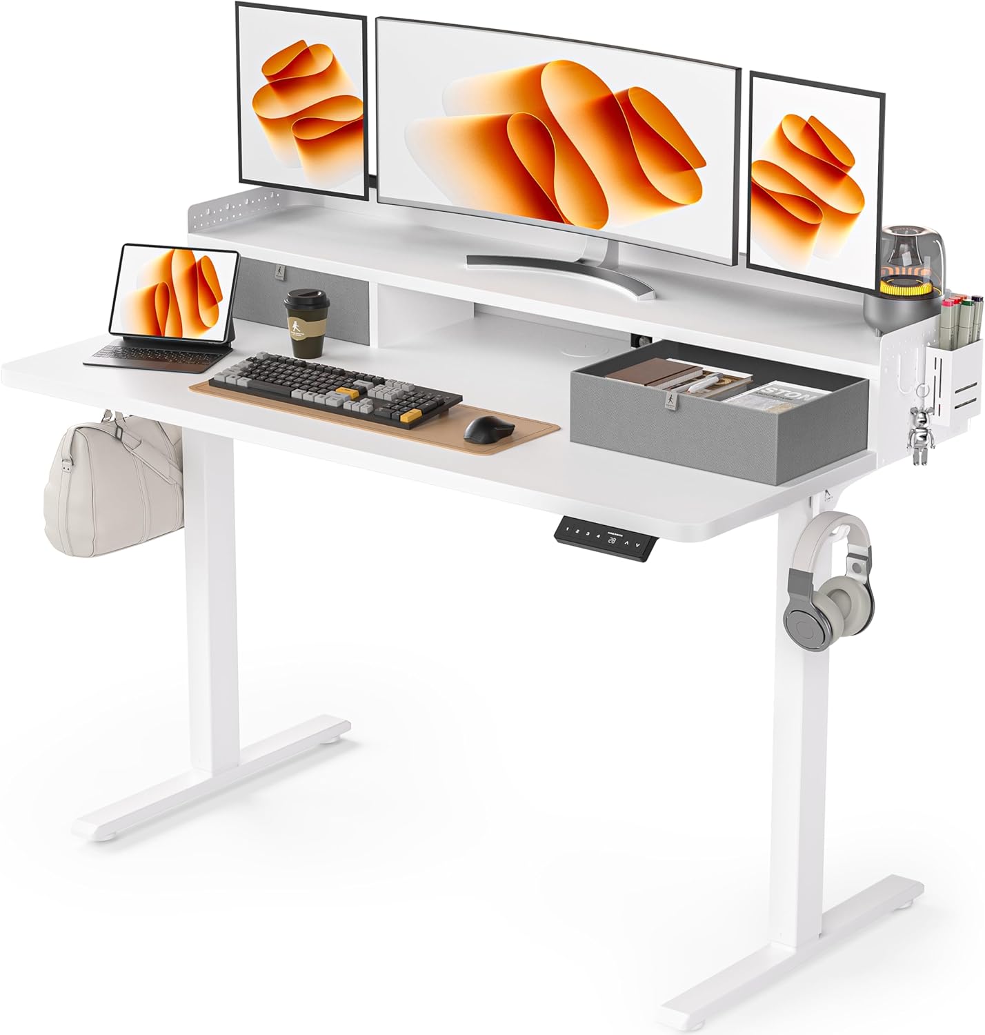WALKINGDESK Height-Adjustable Electric Desk with 2 Drawers, 120 x 60 cm Standing Desk with Pen Holder and Headphone Holder, Table for Home Office, Office, DIY Pegboard, 4 Hooks, Oak - Carlat