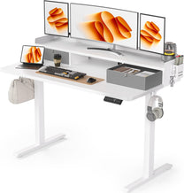 WALKINGDESK Height-Adjustable Electric Desk with 2 Drawers, 120 x 60 cm Standing Desk with Pen Holder and Headphone Holder, Table for Home Office, Office, DIY Pegboard, 4 Hooks, Oak - Carlat