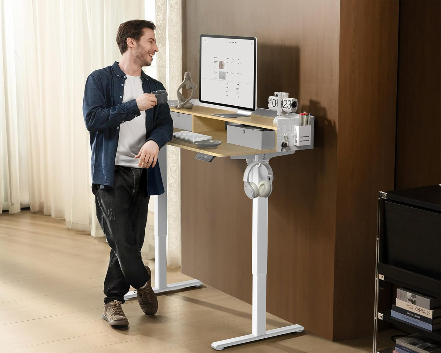 WALKINGDESK Height-Adjustable Electric Desk with 2 Drawers, 120 x 60 cm Standing Desk with Pen Holder and Headphone Holder, Table for Home Office, Office, DIY Pegboard, 4 Hooks, Oak - Carlat