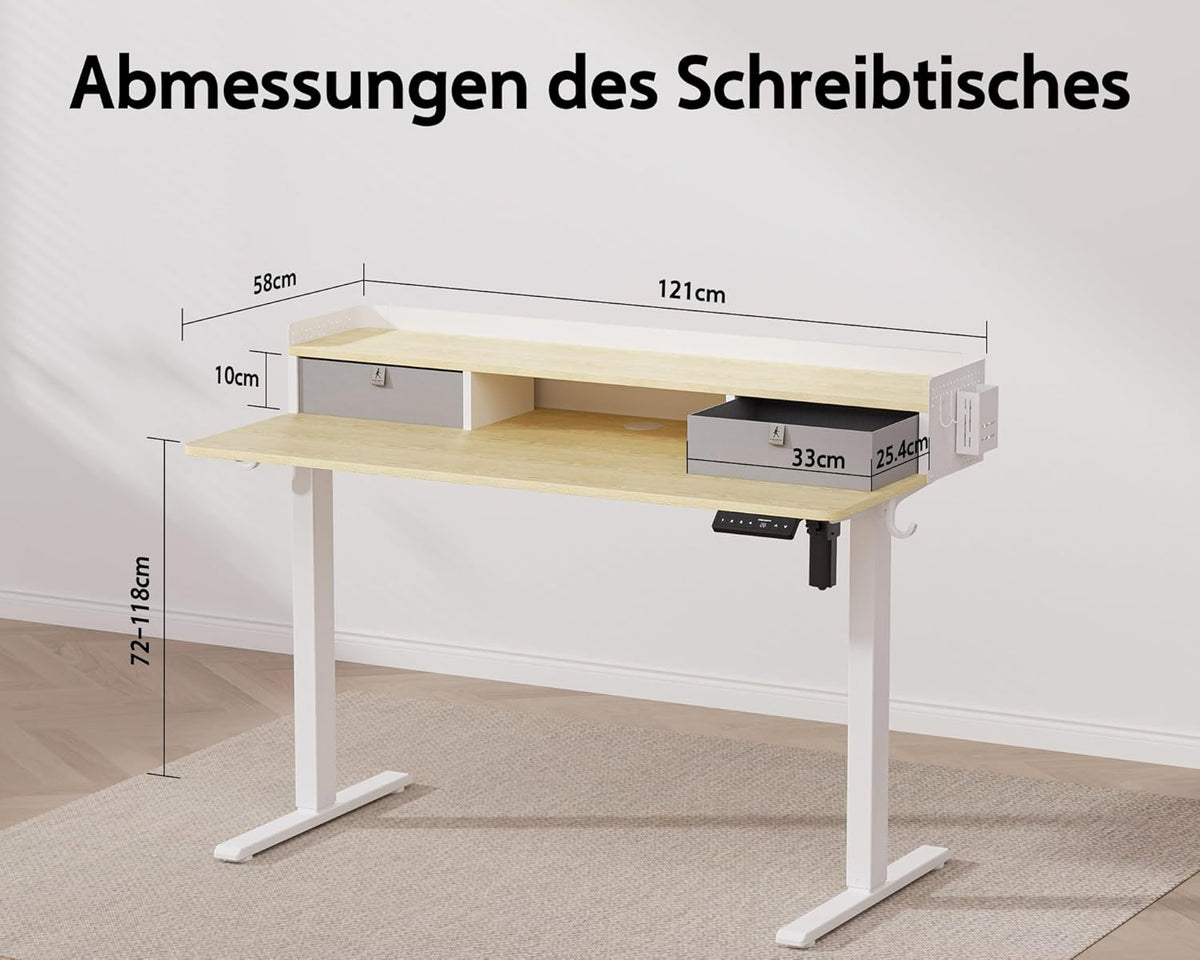 WALKINGDESK Height-Adjustable Electric Desk with 2 Drawers, 120 x 60 cm Standing Desk with Pen Holder and Headphone Holder, Table for Home Office, Office, DIY Pegboard, 4 Hooks, Oak - Carlat