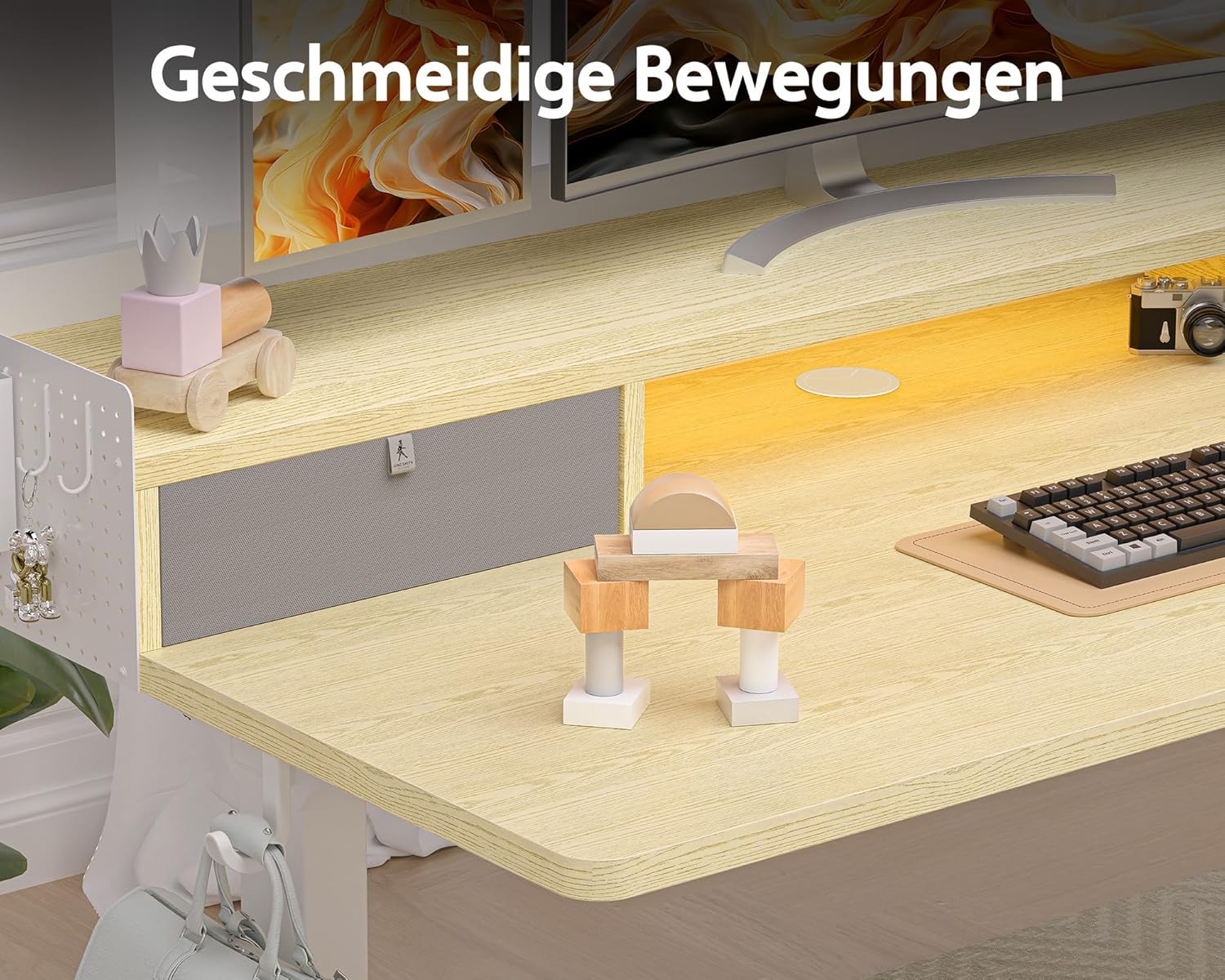 WALKINGDESK Height-Adjustable Electric Desk with 2 Drawers, 120 x 60 cm Standing Desk with Pen Holder and Headphone Holder, Table for Home Office, Office, DIY Pegboard, 4 Hooks, Oak - Carlat
