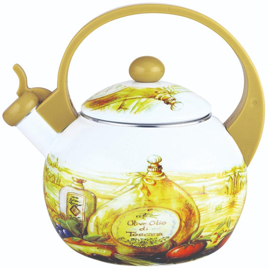 Whistling kettle, enameled steel, "Tuscan Olive" design, 2 L, Kinghoff, KH-3700 - Carlat