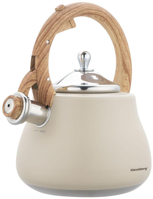 Whistling kettle, stainless steel, beige with wood-grain accents, 2.8 L, Klausberg, KB-7919 - Carlat