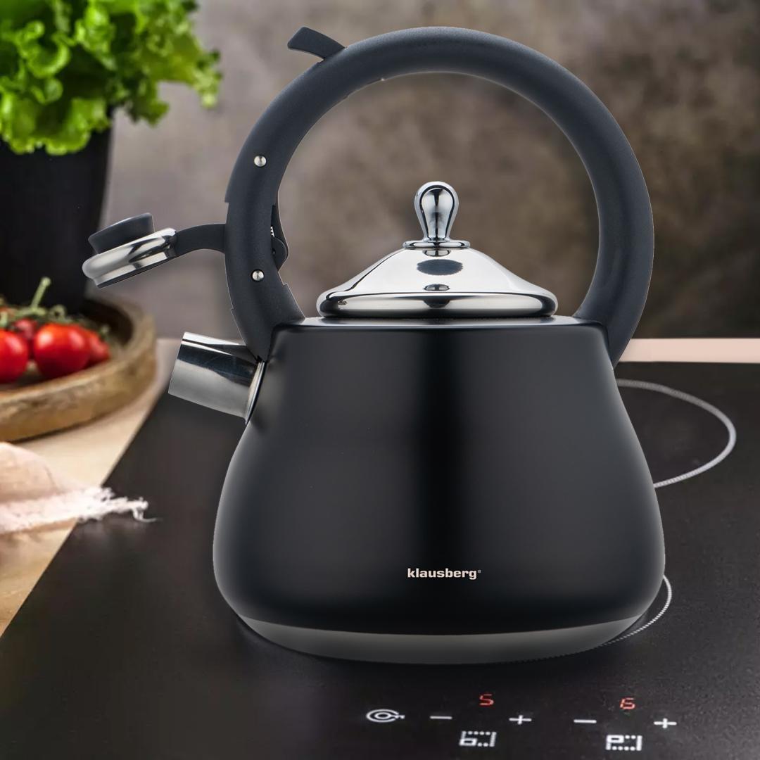 Whistling kettle, stainless steel, black with silver accents, 2.8 L, Klausberg, KB-7918 - Carlat