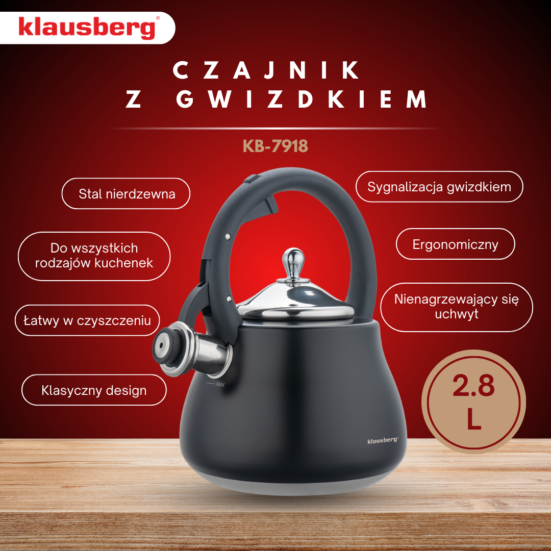 Whistling kettle, stainless steel, black with silver accents, 2.8 L, Klausberg, KB-7918 - Carlat