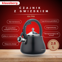 Whistling kettle, stainless steel, black with silver accents, 2.8 L, Klausberg, KB-7918 - Carlat