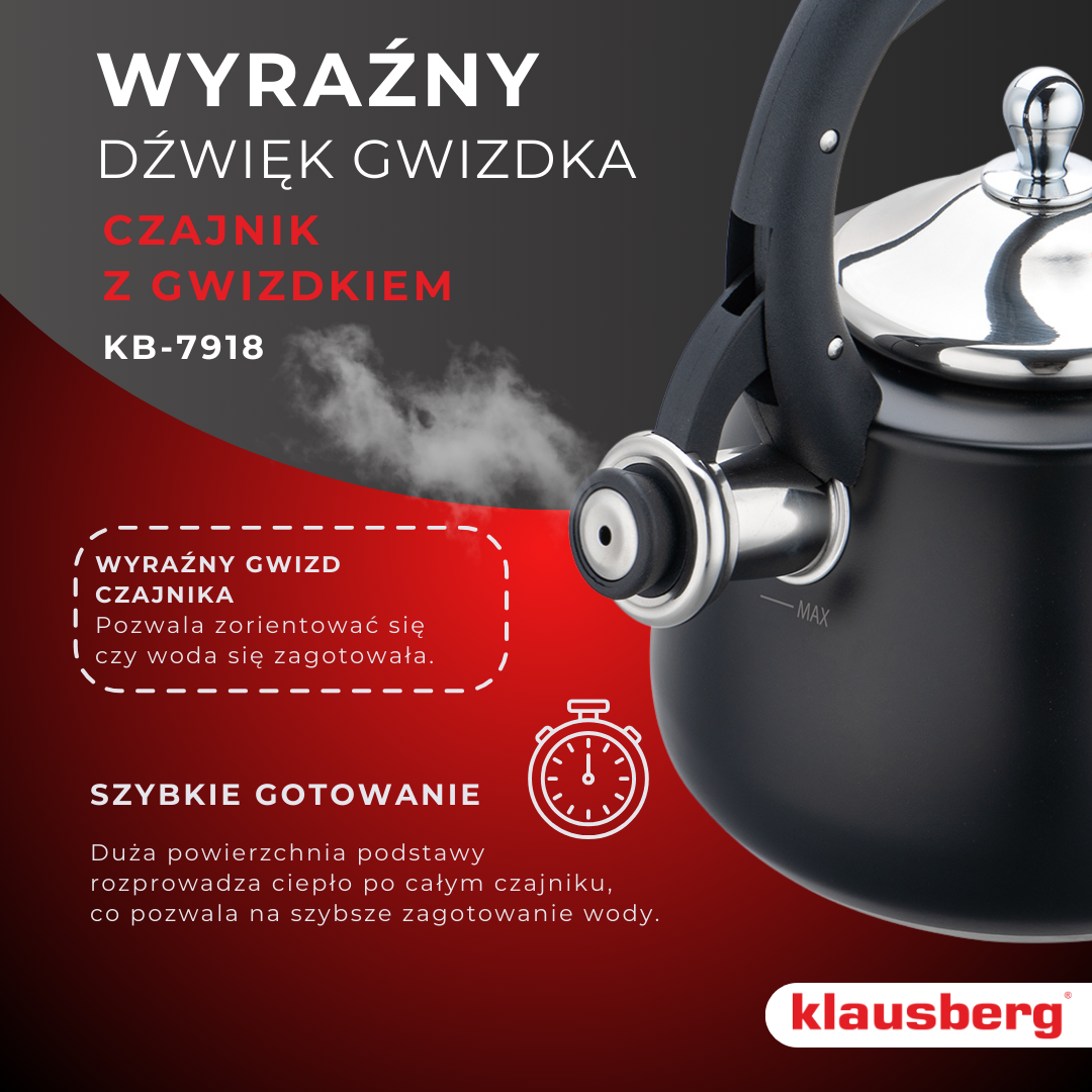 Whistling kettle, stainless steel, black with silver accents, 2.8 L, Klausberg, KB-7918 - Carlat