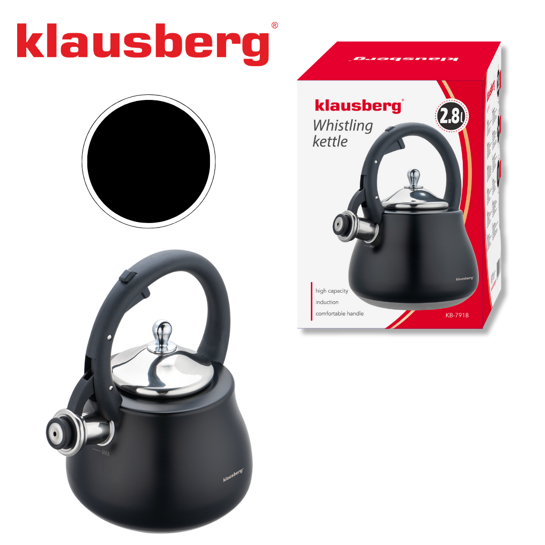 Whistling kettle, stainless steel, black with silver accents, 2.8 L, Klausberg, KB-7918 - Carlat