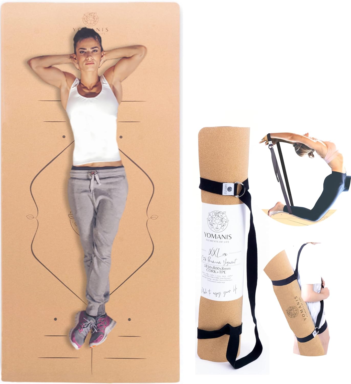 XXLux 183 x 80 cm x 8 mm Cork Yoga Mat, Extra 80 cm Wide + 8 mm Thick Non-Slip Good Grip Cork Workout Premium Mat + 2-in-1 Cotton Yoga Strap/Carry Strap for Yoga, Gymnastics and Pilates - Carlat