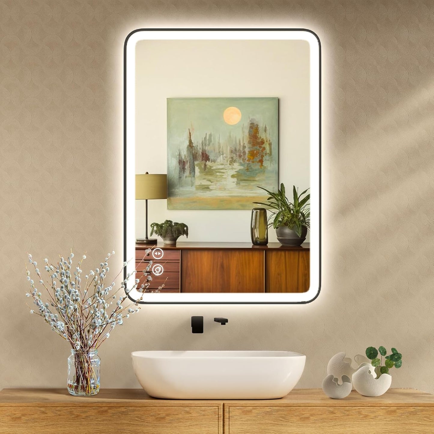 YOLEO Bathroom Mirror with Lighting, LED Bathroom Mirror with Metal Frame, Wall Mirror with Touch Switch and Explosion-proof Glass, 3 Adjustable Light Colours, 50 x 70 cm - Carlat