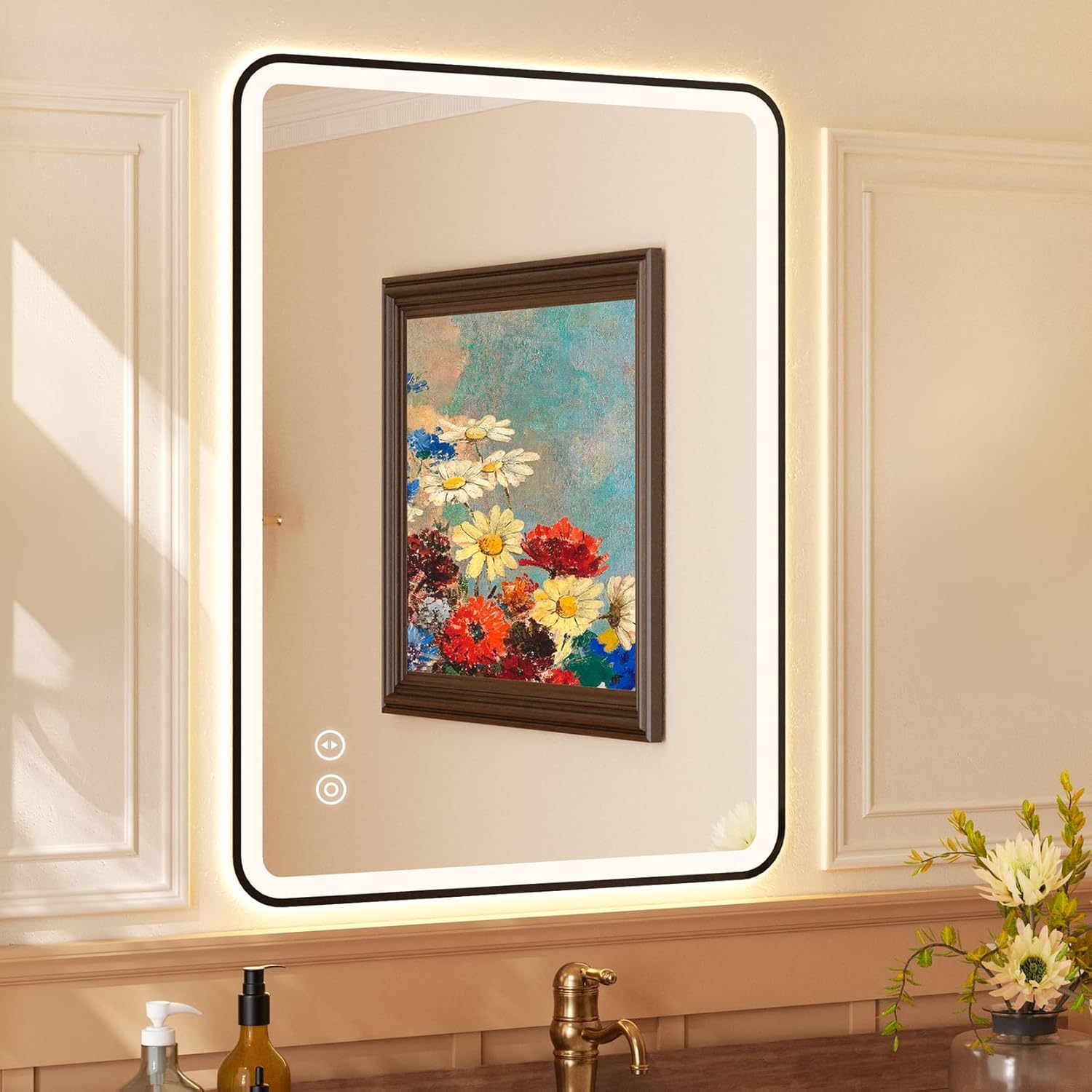 YOLEO Bathroom Mirror with Lighting, LED Bathroom Mirror with Metal Frame, Wall Mirror with Touch Switch and Explosion-proof Glass, 3 Adjustable Light Colours, 50 x 70 cm - Carlat