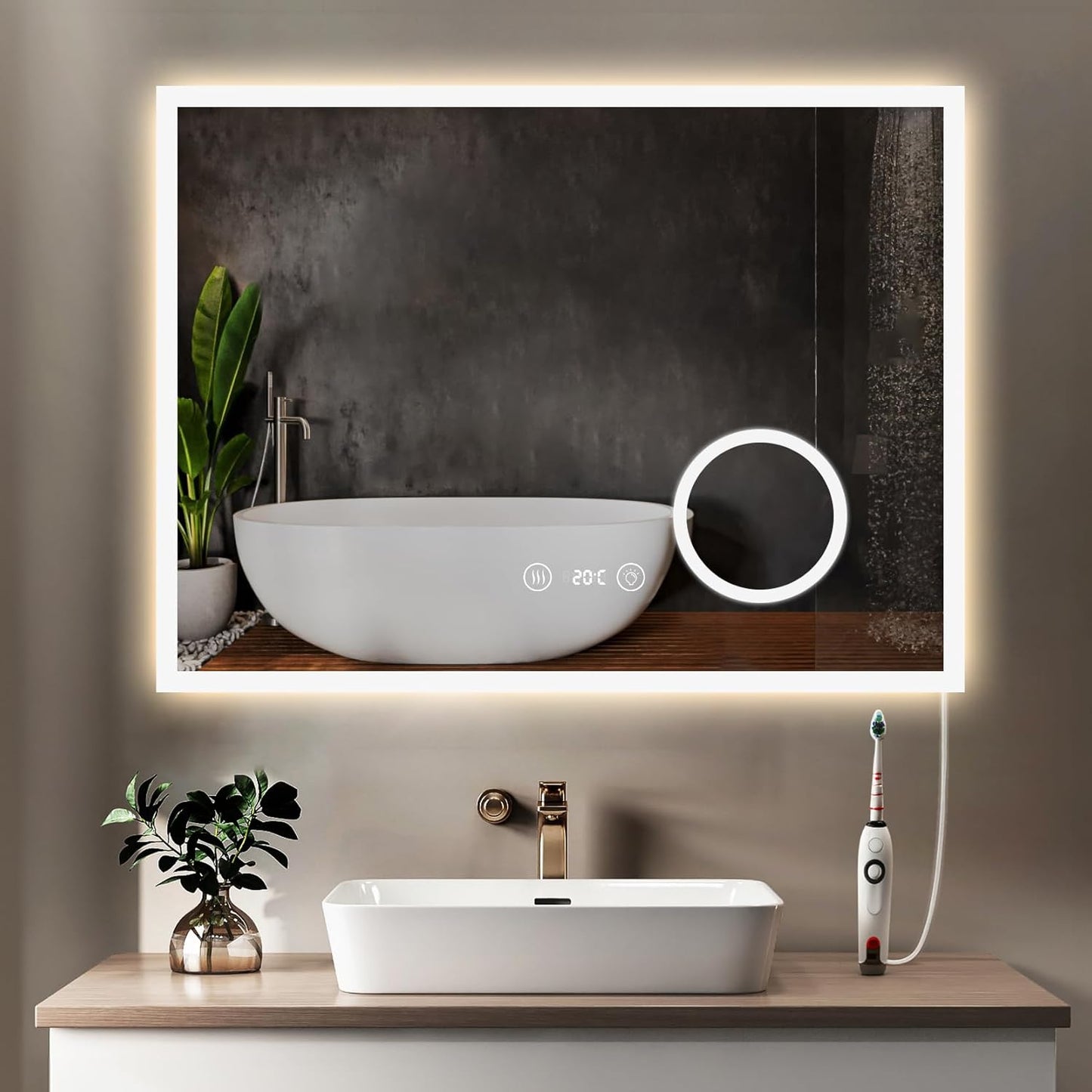 YOLEO Bathroom Mirror with Lighting, LED Bathroom Mirror with Metal Frame, Wall Mirror with Touch Switch and Explosion-proof Glass, 3 Adjustable Light Colours, 50 x 70 cm - Carlat