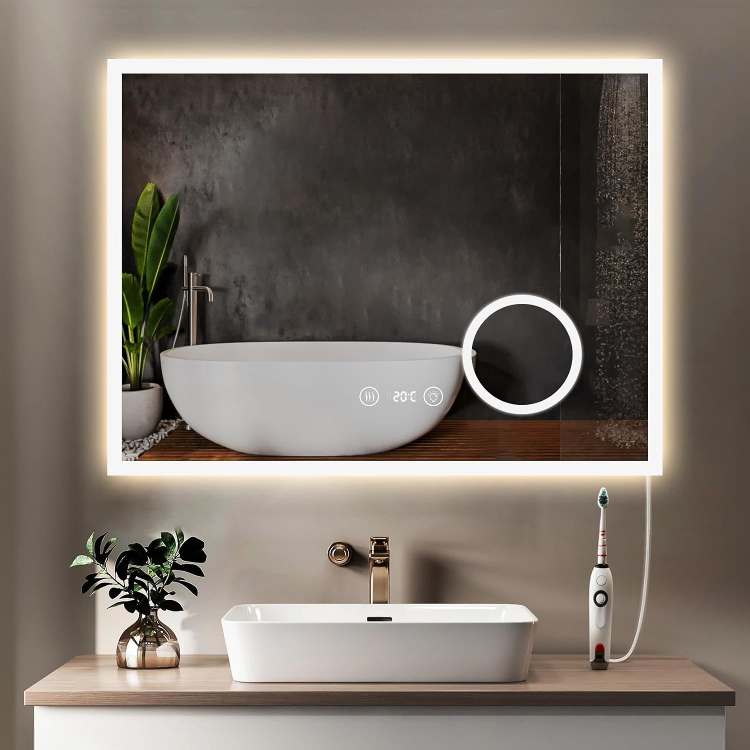 YOLEO Bathroom Mirror with Lighting, LED Bathroom Mirror with Metal Frame, Wall Mirror with Touch Switch and Explosion-proof Glass, 3 Adjustable Light Colours, 50 x 70 cm - Carlat