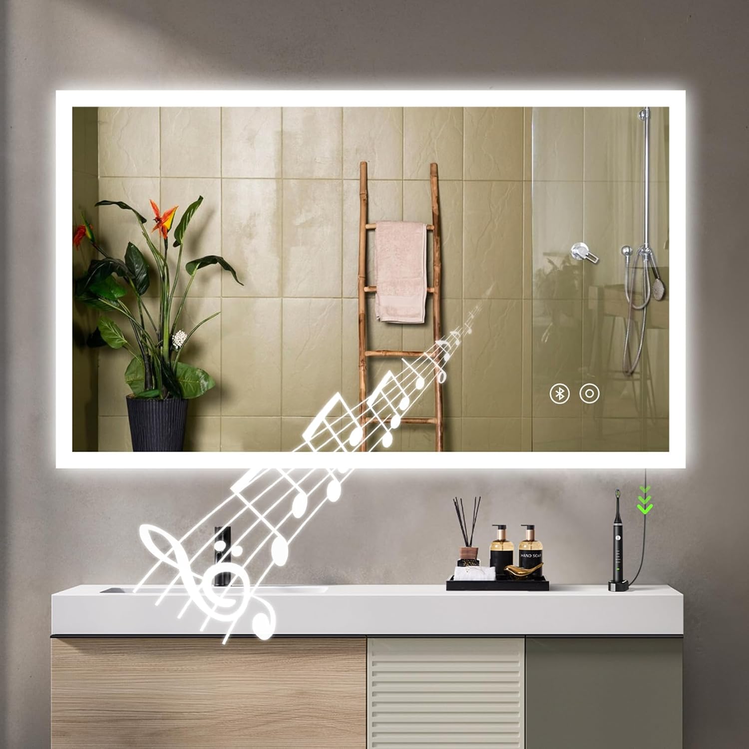 YOLEO Bathroom Mirror with Lighting, LED Bathroom Mirror with Metal Frame, Wall Mirror with Touch Switch and Explosion-proof Glass, 3 Adjustable Light Colours, 50 x 70 cm - Carlat