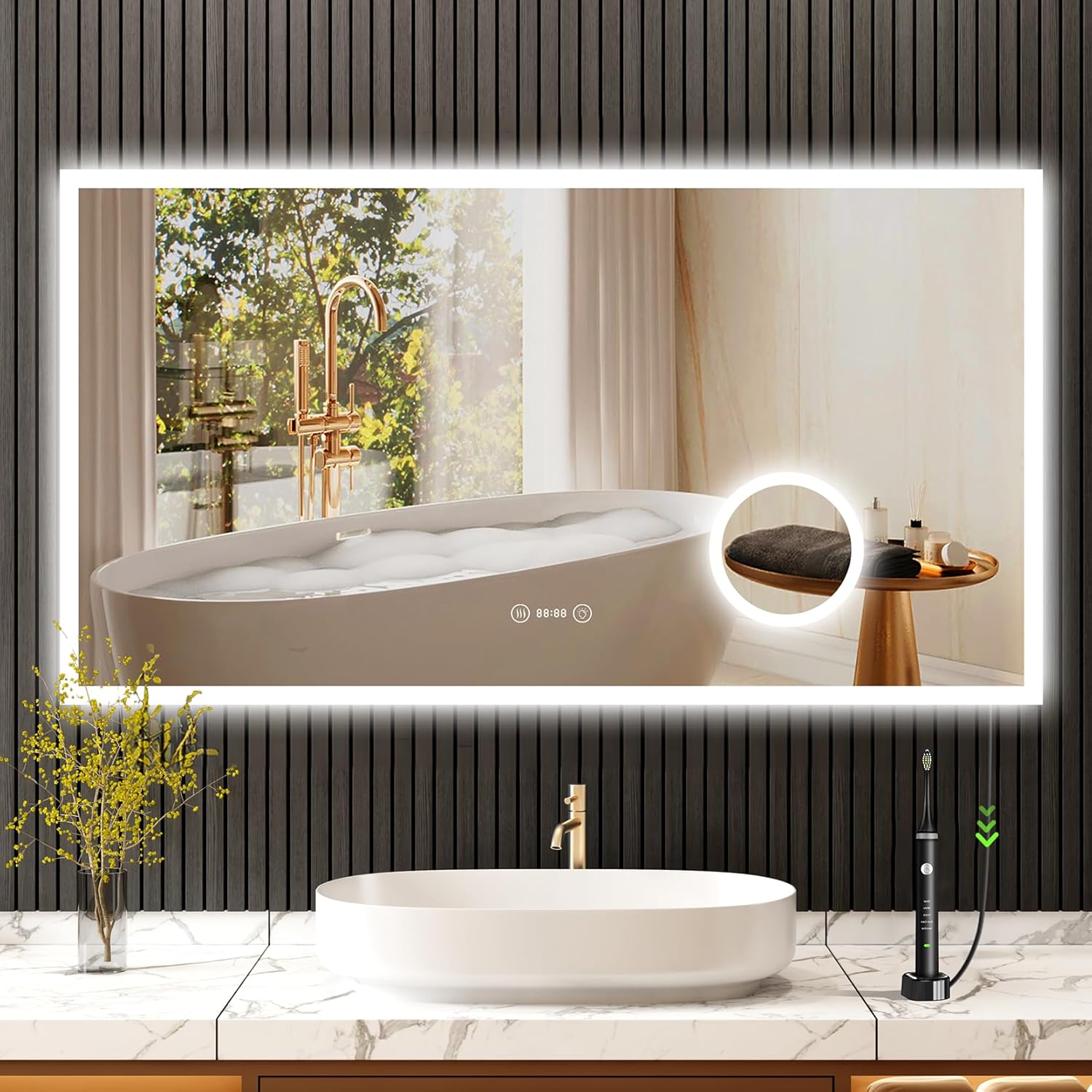 YOLEO Bathroom Mirror with Lighting, LED Bathroom Mirror with Metal Frame, Wall Mirror with Touch Switch and Explosion-proof Glass, 3 Adjustable Light Colours, 50 x 70 cm - Carlat
