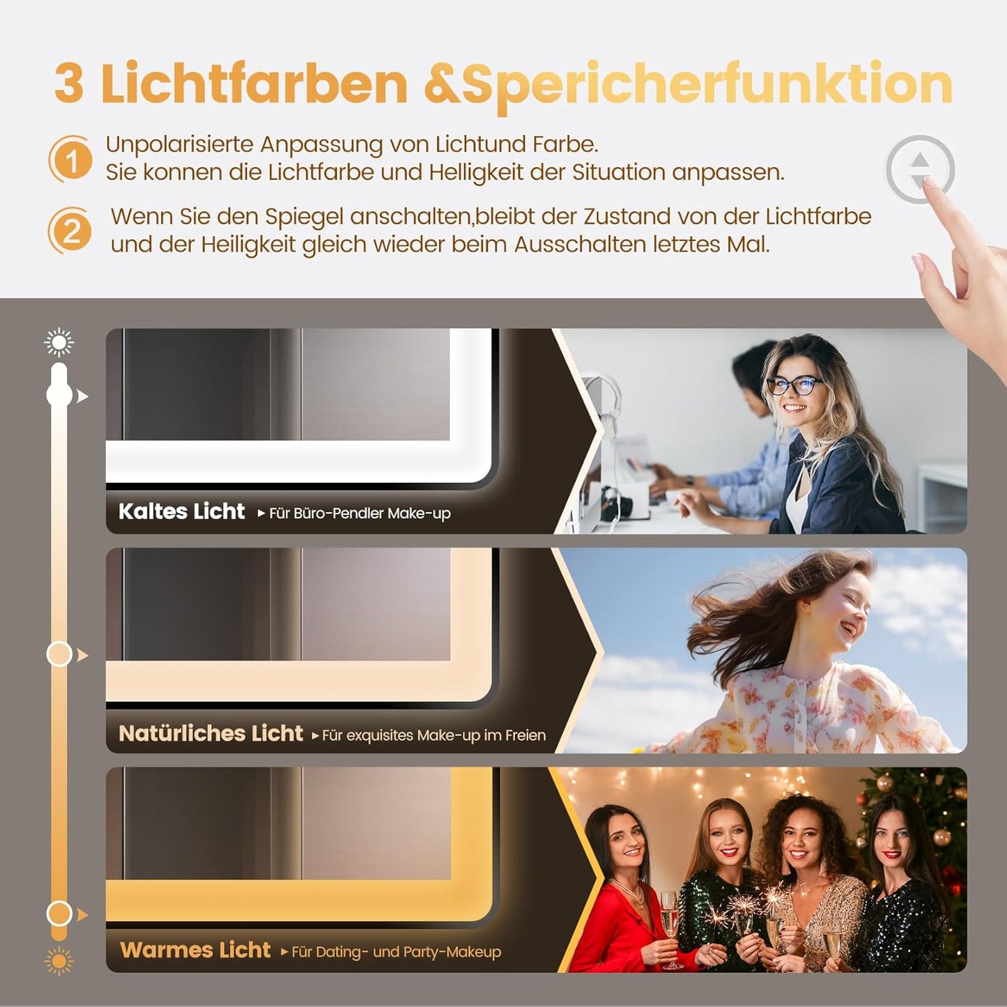 YOLEO Bathroom Mirror with Lighting, LED Bathroom Mirror with Metal Frame, Wall Mirror with Touch Switch and Explosion-proof Glass, 3 Adjustable Light Colours, 50 x 70 cm - Carlat