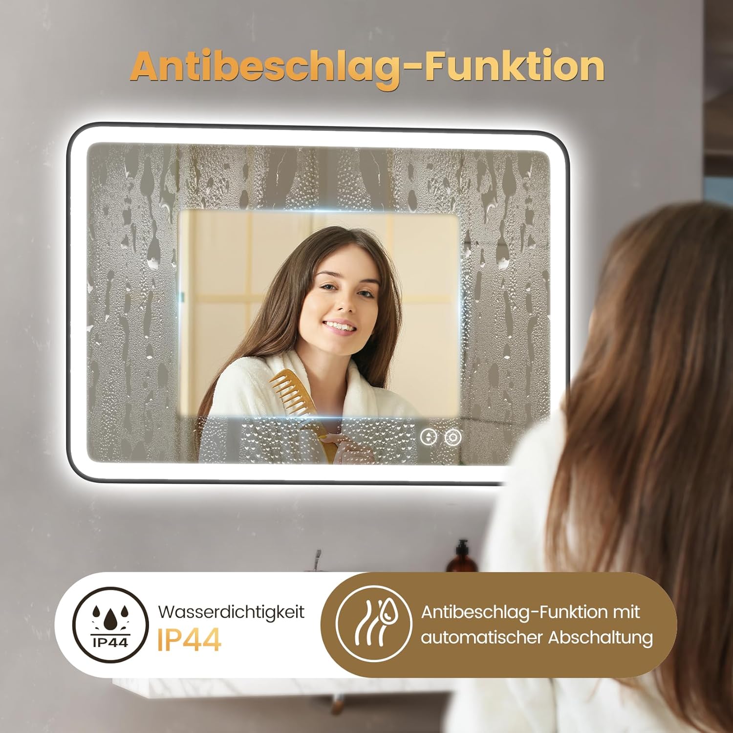 YOLEO Bathroom Mirror with Lighting, LED Bathroom Mirror with Metal Frame, Wall Mirror with Touch Switch and Explosion-proof Glass, 3 Adjustable Light Colours, 50 x 70 cm - Carlat