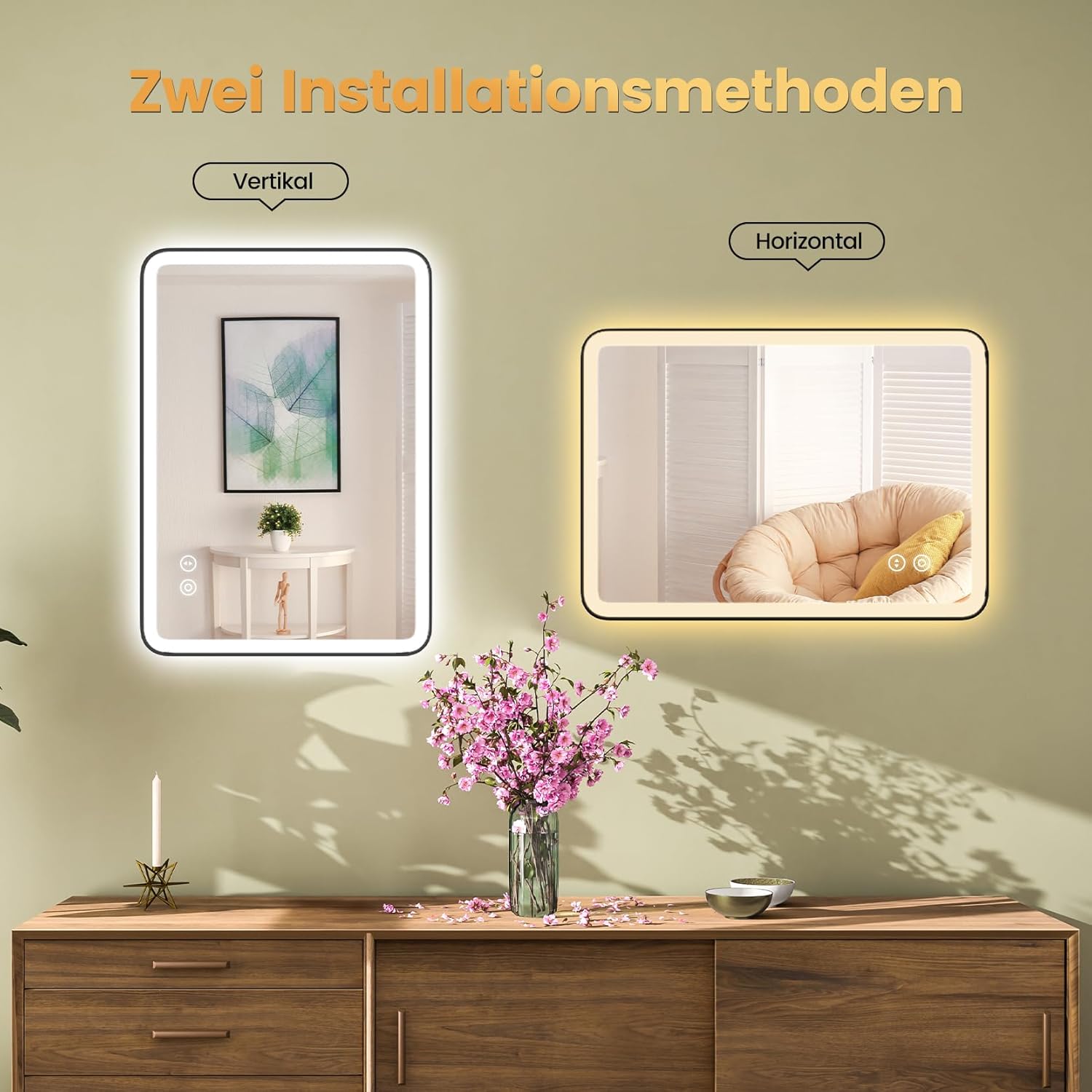 YOLEO Bathroom Mirror with Lighting, LED Bathroom Mirror with Metal Frame, Wall Mirror with Touch Switch and Explosion-proof Glass, 3 Adjustable Light Colours, 50 x 70 cm - Carlat
