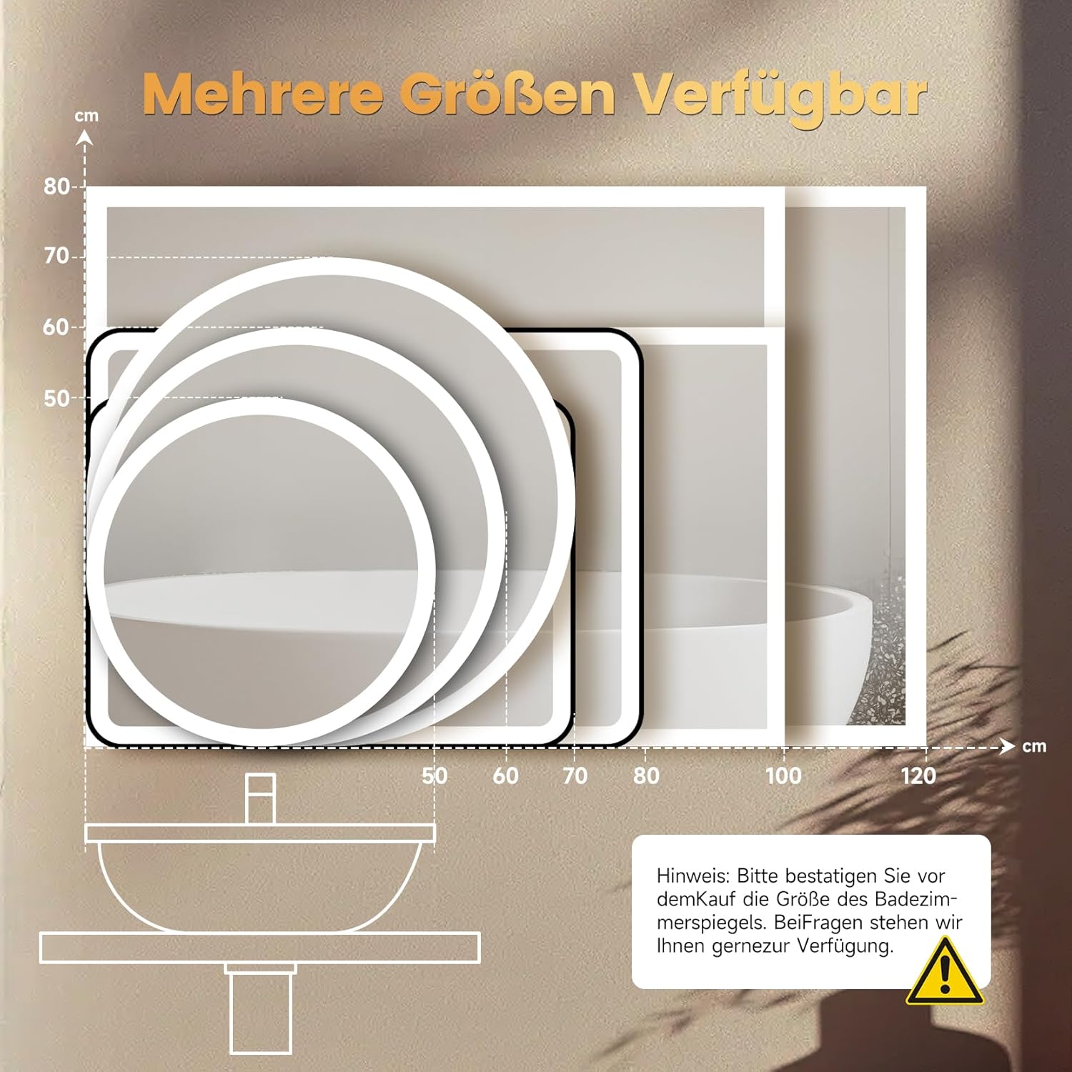 YOLEO Bathroom Mirror with Lighting, LED Bathroom Mirror with Metal Frame, Wall Mirror with Touch Switch and Explosion-proof Glass, 3 Adjustable Light Colours, 50 x 70 cm - Carlat