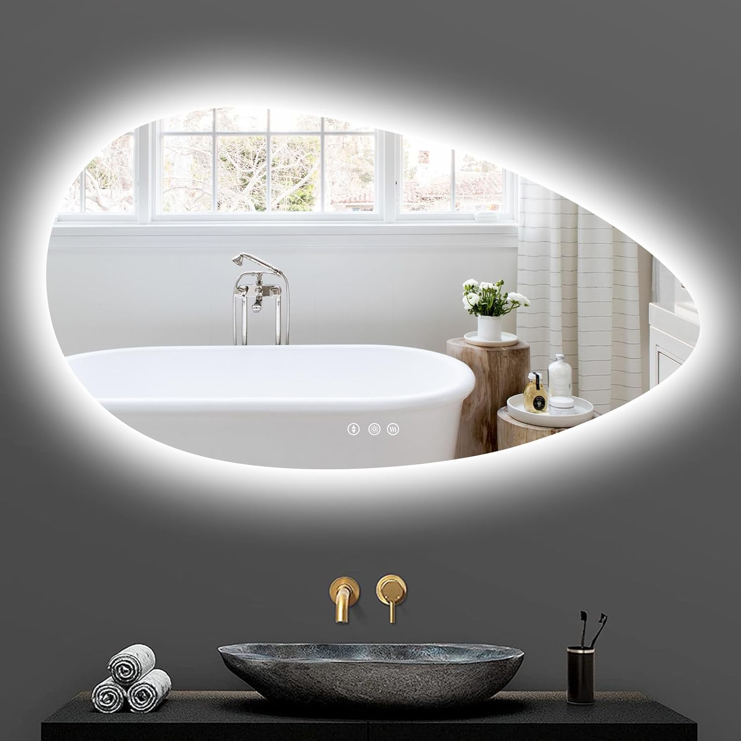 YOLEO Round LED Bathroom Mirror with Lighting – Wall-Mounted Vanity Mirror with Touch Sensor, Shatterproof Glass & 3 Dimmable Light Colors (6500K) - Carlat