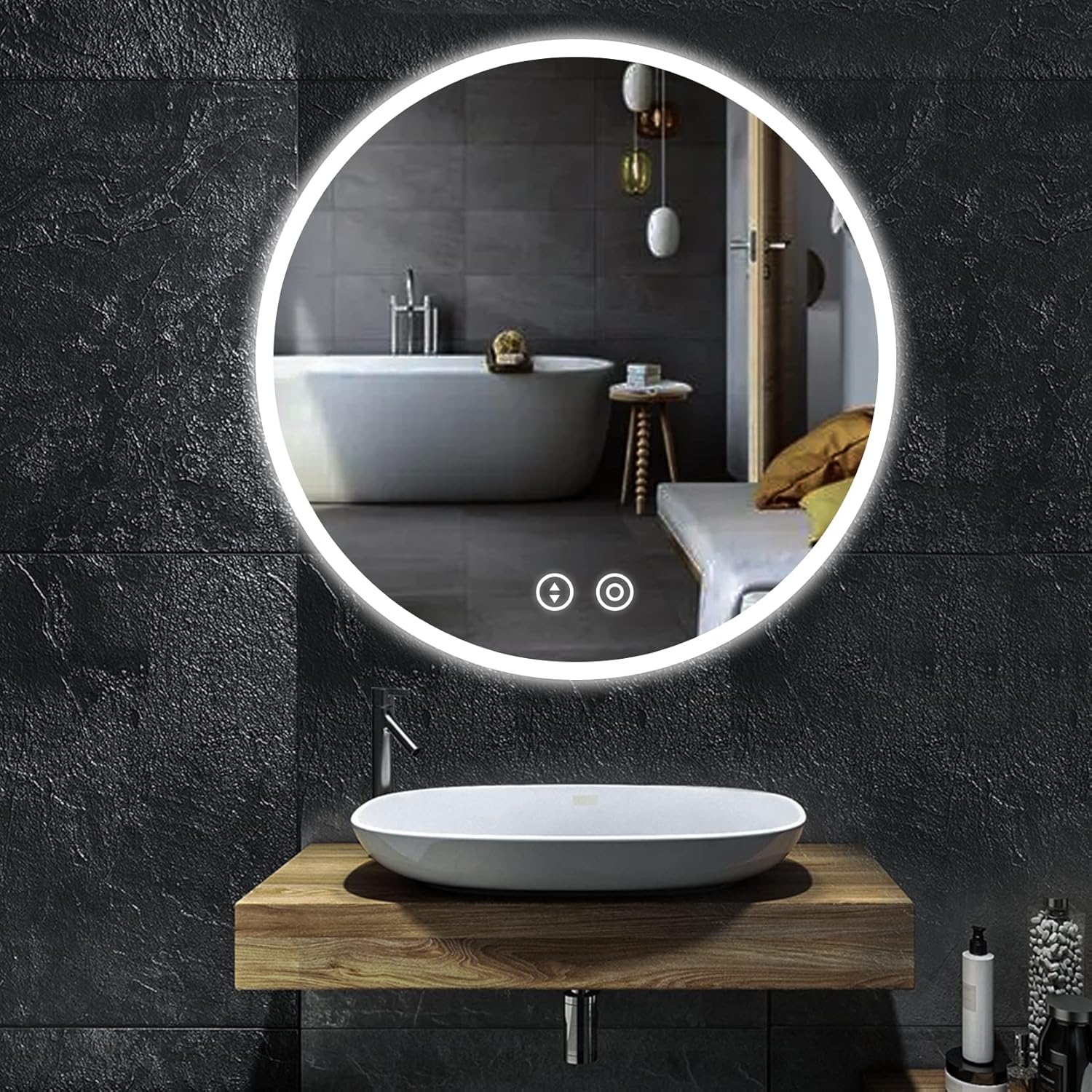 YOLEO Round LED Bathroom Mirror with Lighting – Wall-Mounted Vanity Mirror with Touch Sensor, Shatterproof Glass & 3 Dimmable Light Colors (6500K) - Carlat