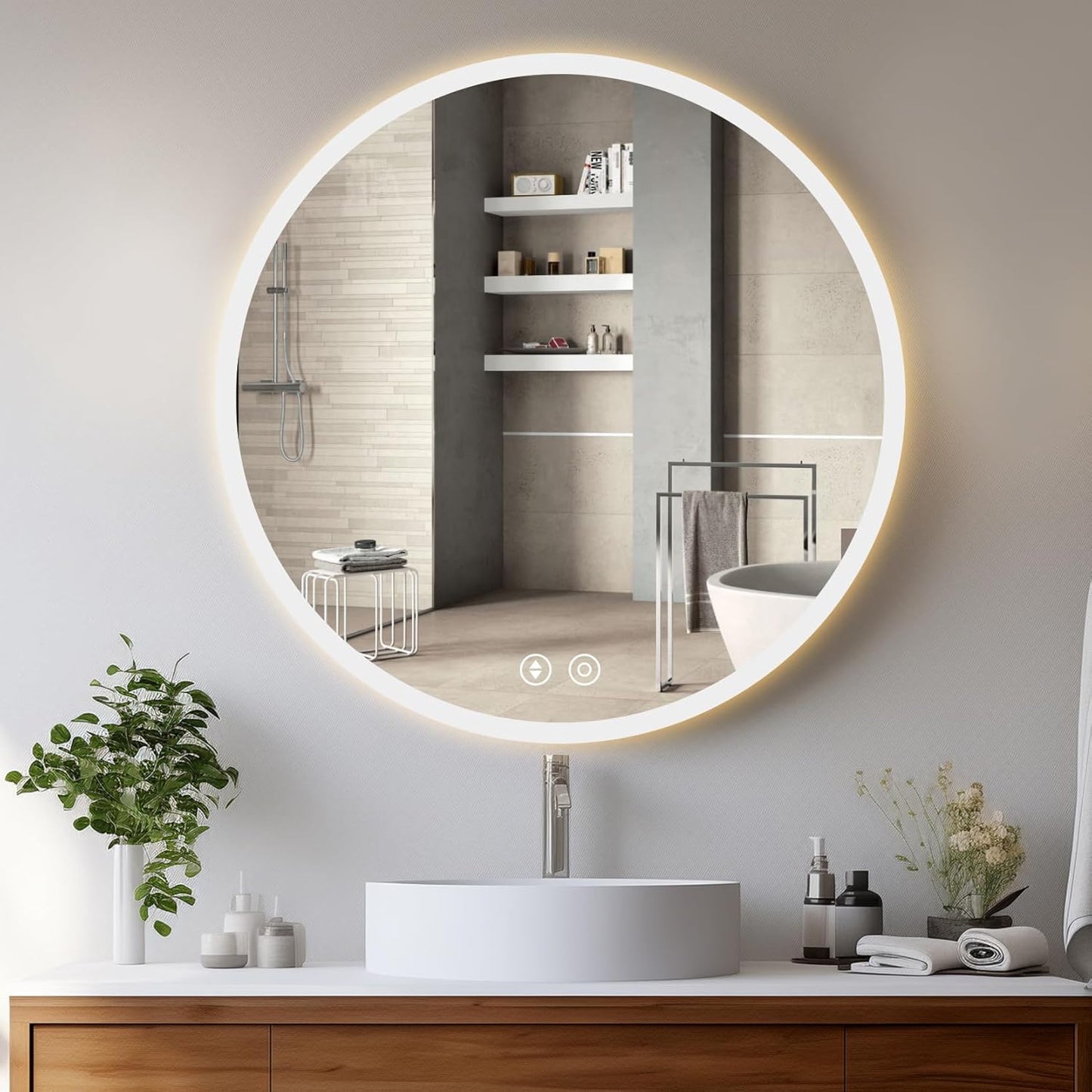 YOLEO Round LED Bathroom Mirror with Lighting – Wall-Mounted Vanity Mirror with Touch Sensor, Shatterproof Glass & 3 Dimmable Light Colors (6500K) - Carlat