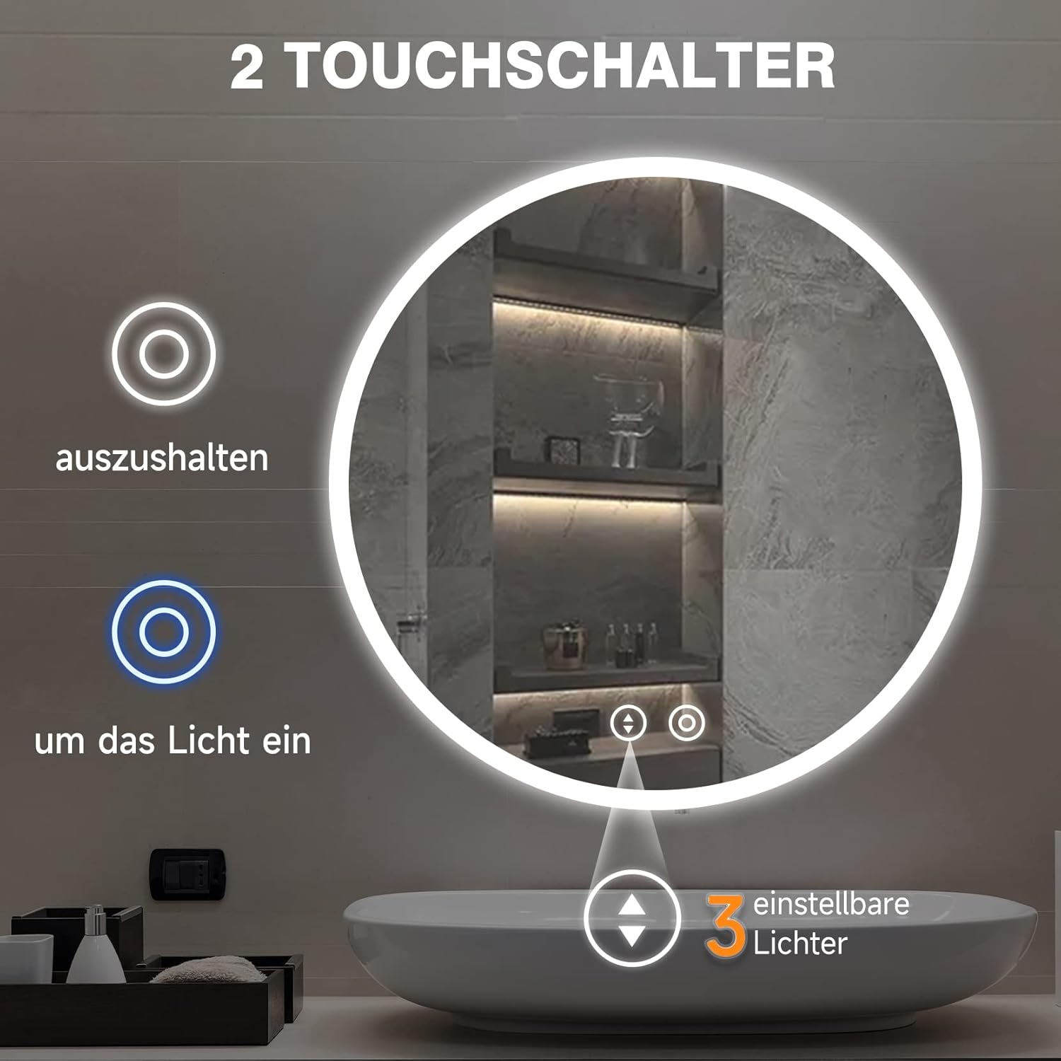 YOLEO Round LED Bathroom Mirror with Lighting – Wall-Mounted Vanity Mirror with Touch Sensor, Shatterproof Glass & 3 Dimmable Light Colors (6500K) - Carlat
