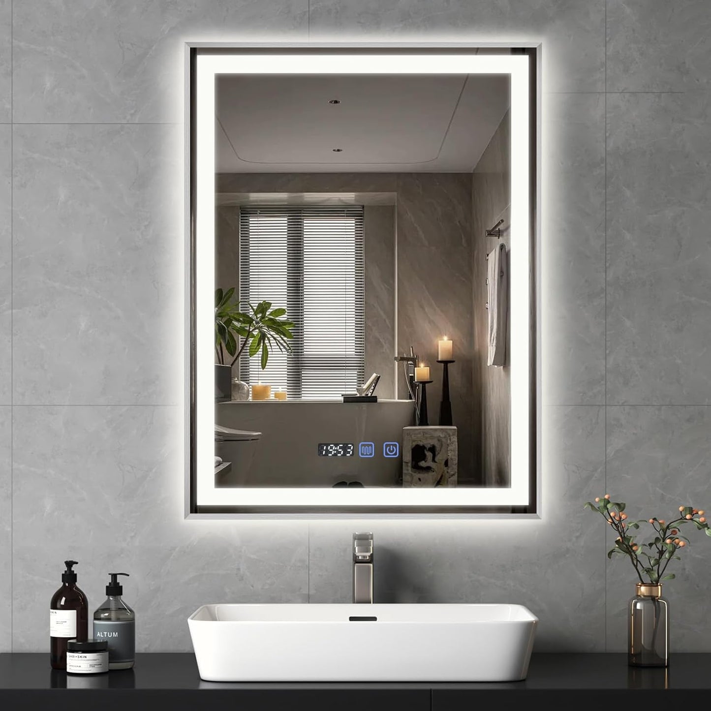 YU YUSING Bathroom Mirror LED 80 x 60 cm Bathroom Mirror with Lighting Wall Mirror with Touch Switch Mirror Bathroom Anti-Fog Timer Function Cool White IP44 - Carlat