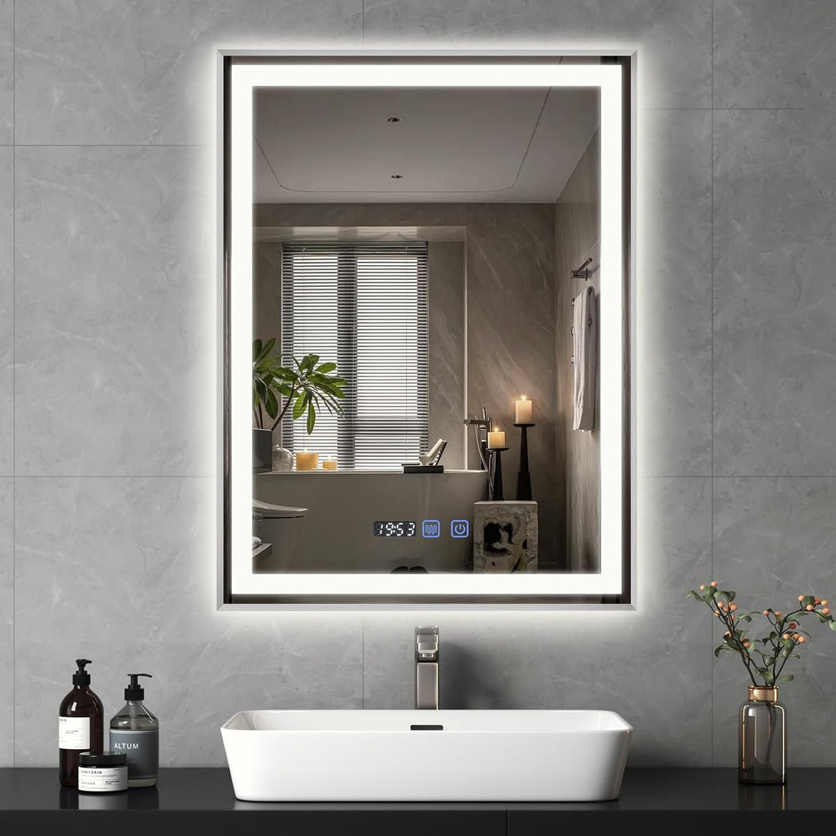 YU YUSING Bathroom Mirror LED 80 x 60 cm Bathroom Mirror with Lighting Wall Mirror with Touch Switch Mirror Bathroom Anti-Fog Timer Function Cool White IP44 - Carlat