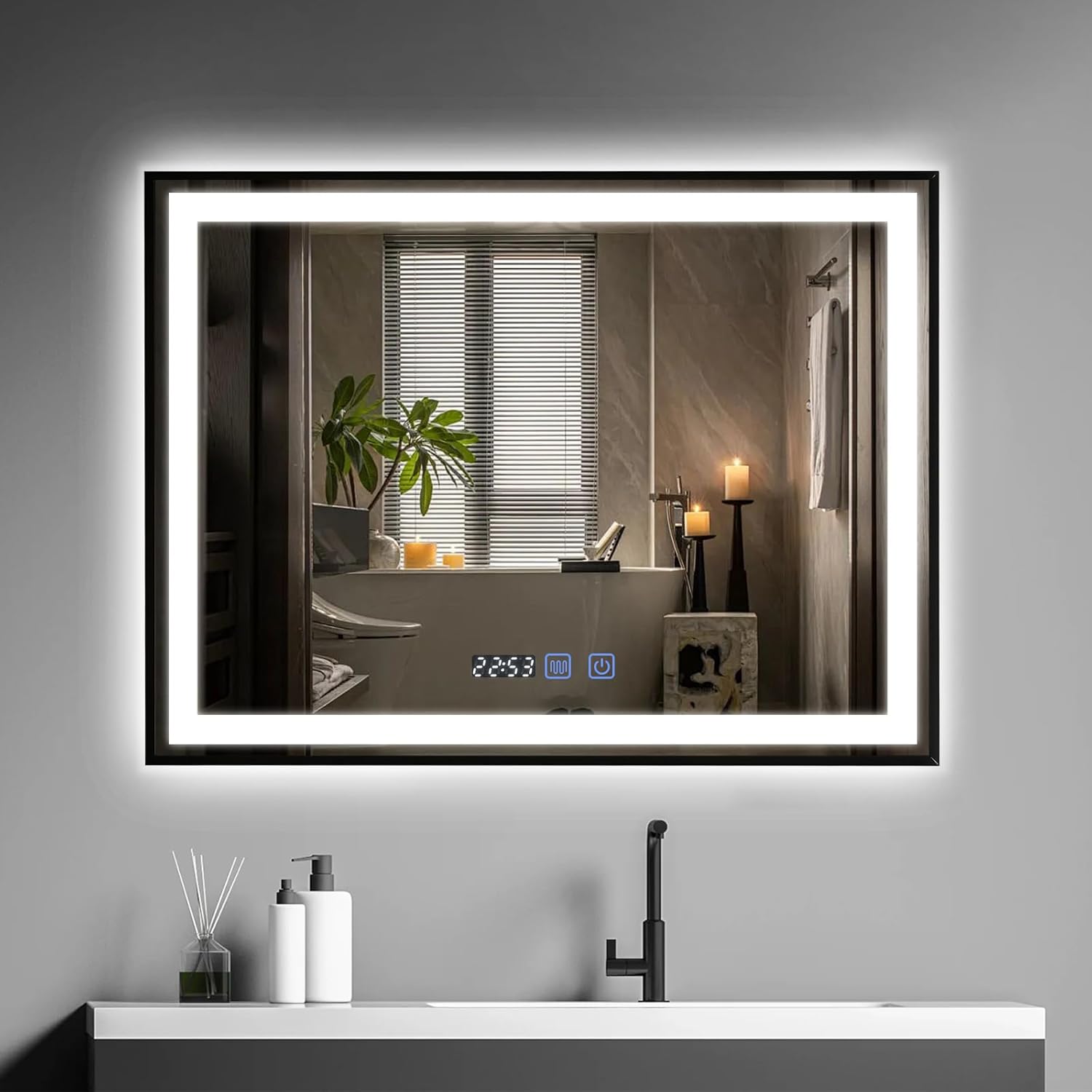 YU YUSING Bathroom Mirror LED 80 x 60 cm Bathroom Mirror with Lighting Wall Mirror with Touch Switch Mirror Bathroom Anti-Fog Timer Function Cool White IP44 - Carlat