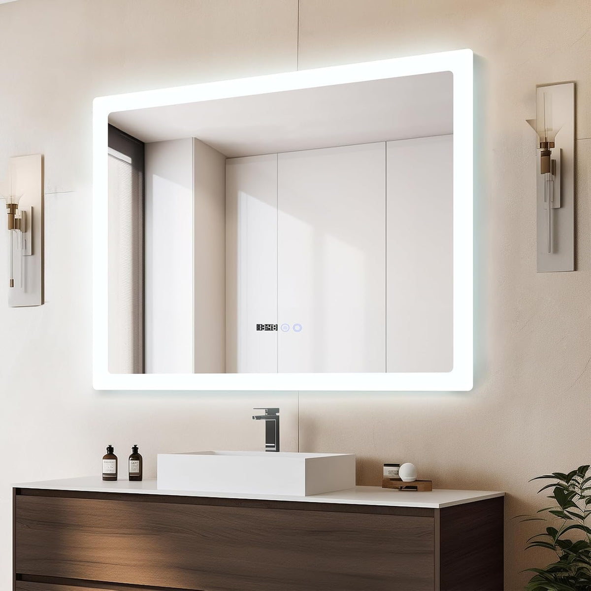 YU YUSING Bathroom Mirror LED 80 x 60 cm Bathroom Mirror with Lighting Wall Mirror with Touch Switch Mirror Bathroom Anti-Fog Timer Function Cool White IP44 - Carlat