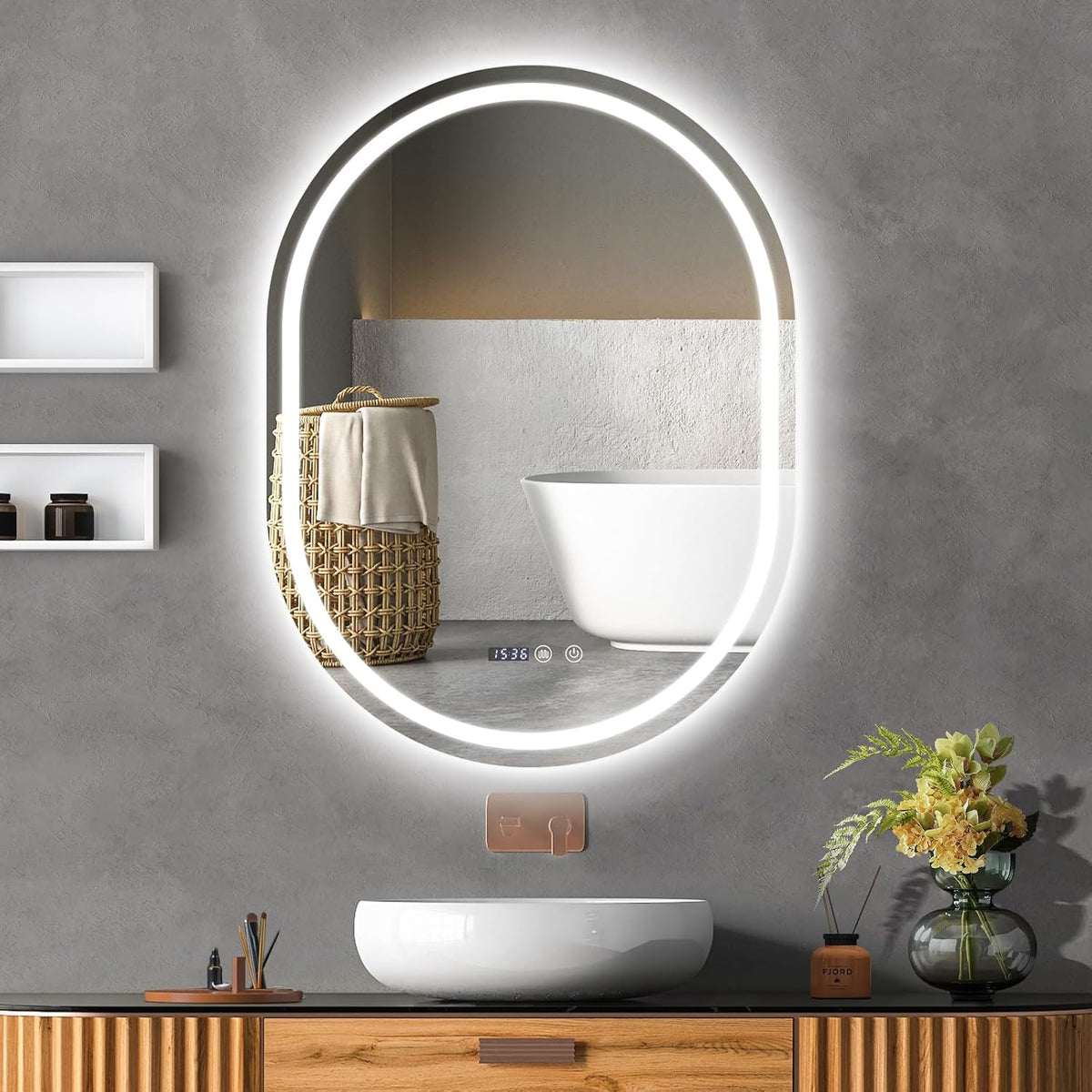 YU YUSING Bathroom Mirror LED 80 x 60 cm Bathroom Mirror with Lighting Wall Mirror with Touch Switch Mirror Bathroom Anti-Fog Timer Function Cool White IP44 - Carlat