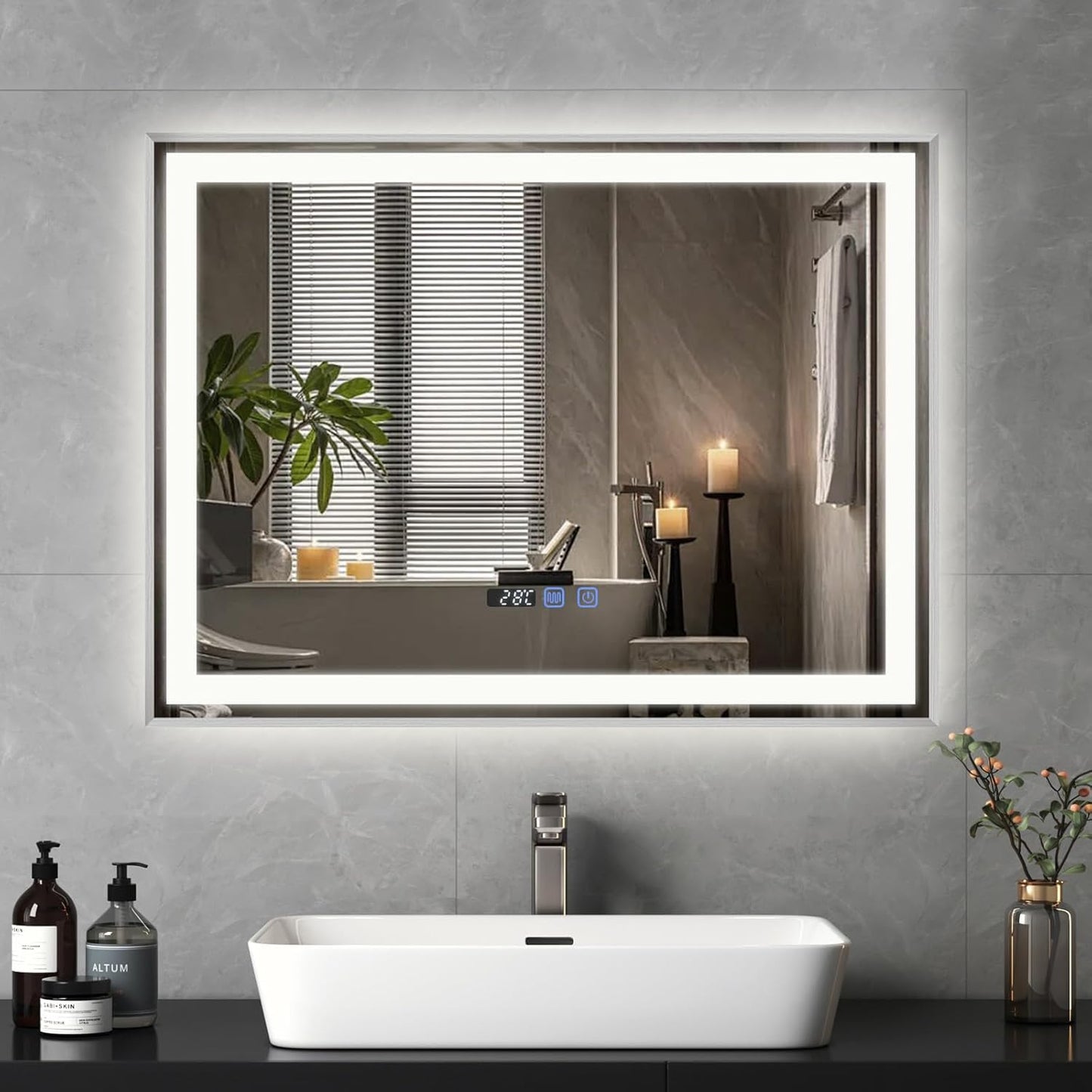 YU YUSING Bathroom Mirror LED 80 x 60 cm Bathroom Mirror with Lighting Wall Mirror with Touch Switch Mirror Bathroom Anti-Fog Timer Function Cool White IP44 - Carlat