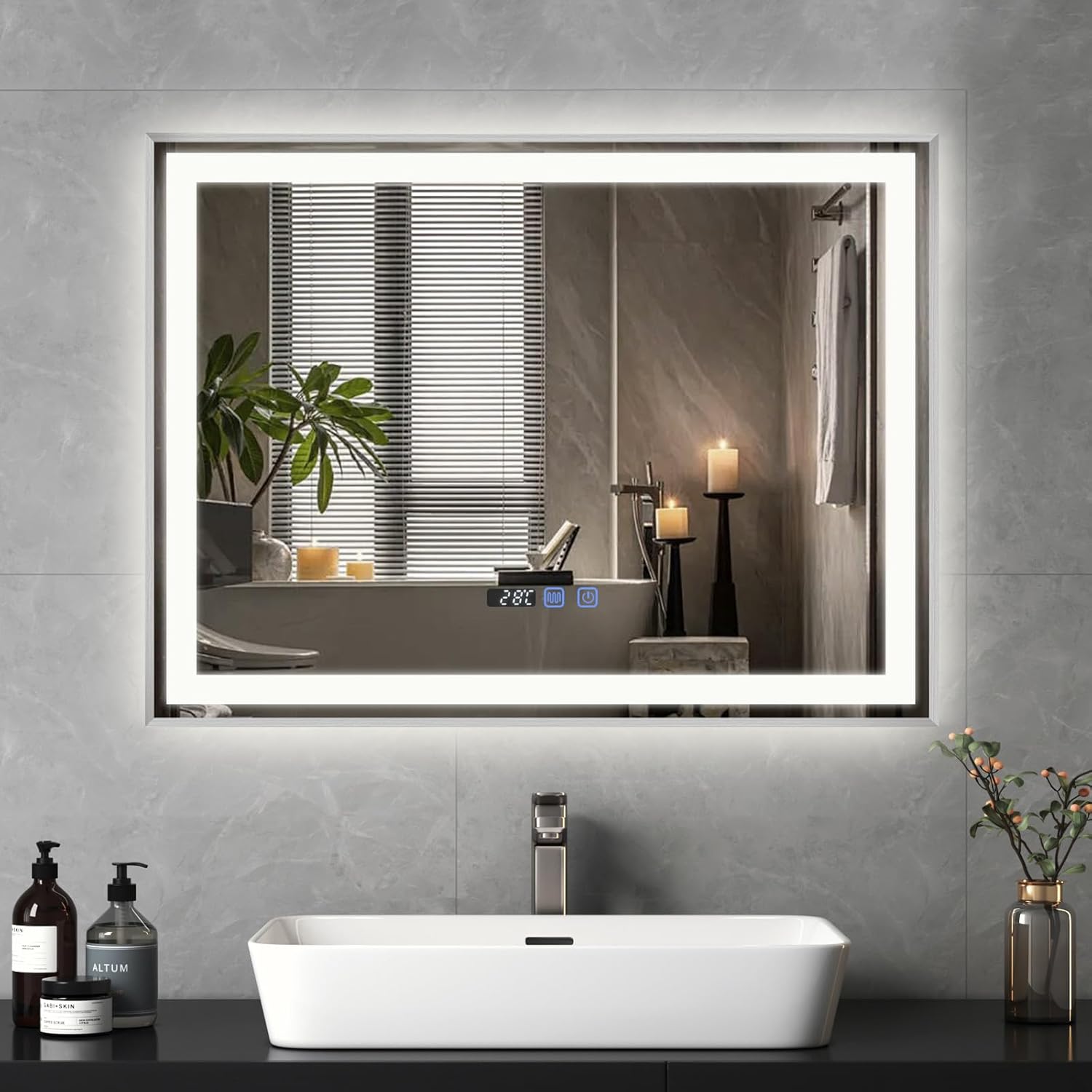 YU YUSING Bathroom Mirror LED 80 x 60 cm Bathroom Mirror with Lighting Wall Mirror with Touch Switch Mirror Bathroom Anti-Fog Timer Function Cool White IP44 - Carlat