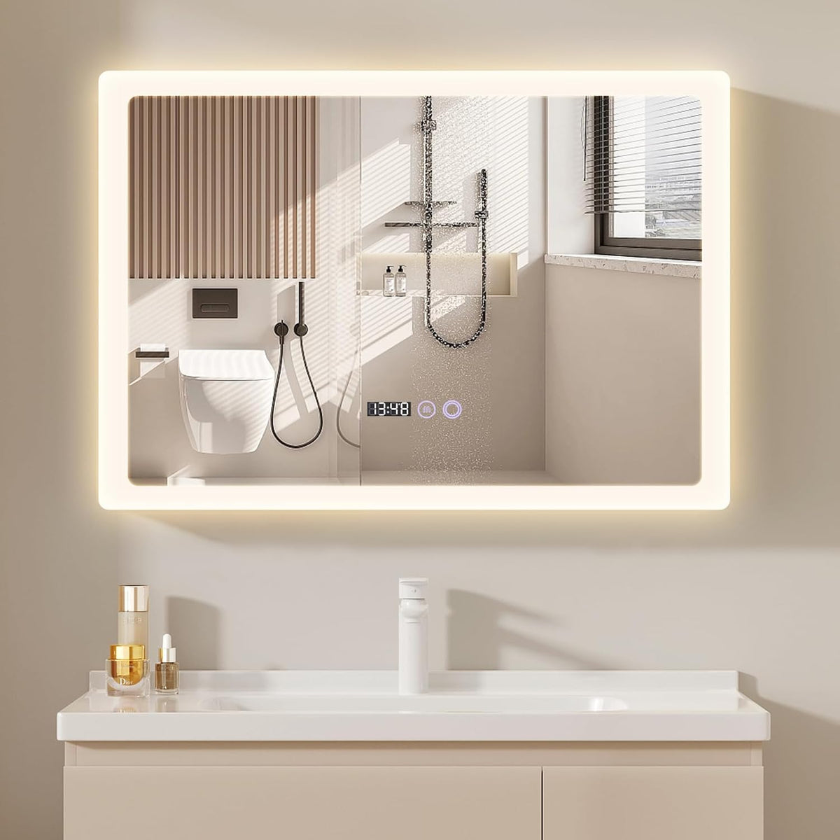 YU YUSING Bathroom Mirror LED 80 x 60 cm Bathroom Mirror with Lighting Wall Mirror with Touch Switch Mirror Bathroom Anti-Fog Timer Function Cool White IP44 - Carlat